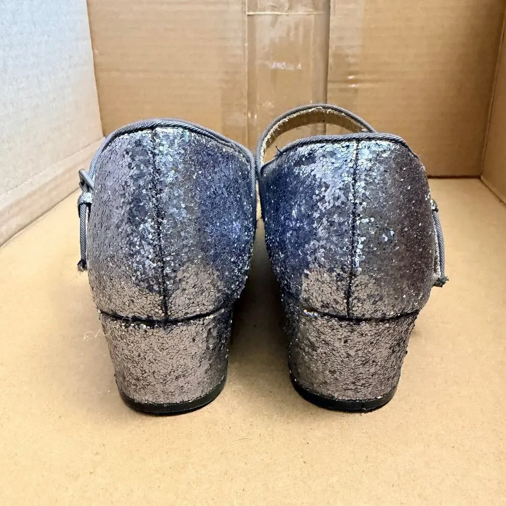 Old Navy Girls High Heel Mary Jane Dress Shoes Silver Glitter Buckle Strap Sz 3